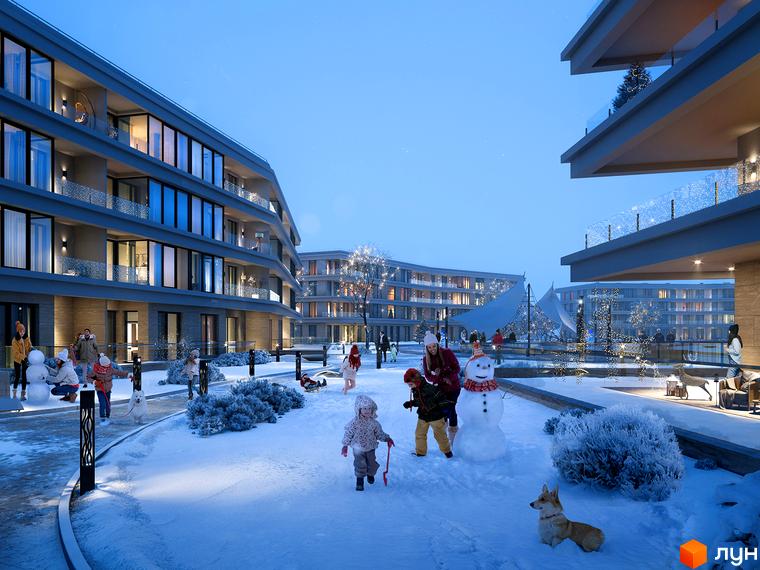 Житловий комплекс Park Lake City. Сучасна архітектура будівель з балконами та панорамними вікнами. Прибудинкова територія вкрита снігом, де граються діти та стоять сніговики.