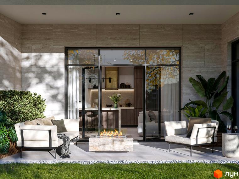 Затишна тераса з каміном та диванами біля новобудови Park Lake City. Сучасний дизайн фасаду та зелена прибудинкова територія.