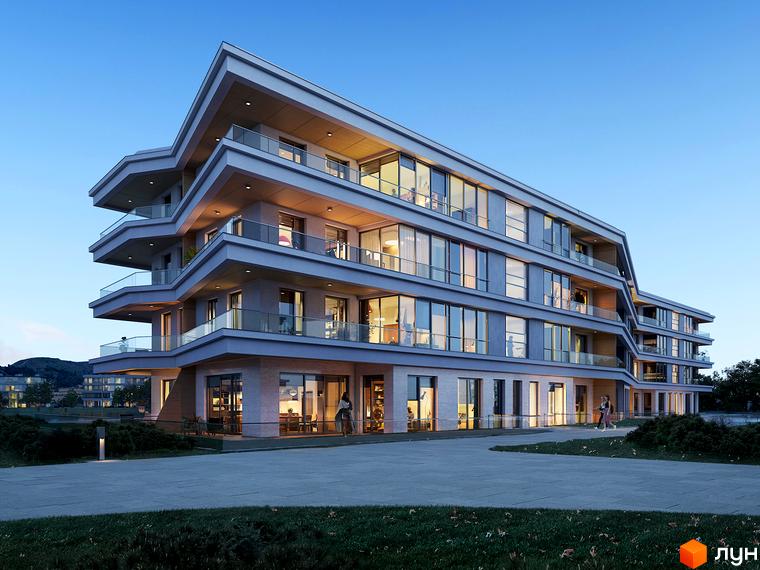 Житловий комплекс Park Lake City з багатоповерховими будинками та балконами. Територія навколо комплексу з доріжками та зеленню.