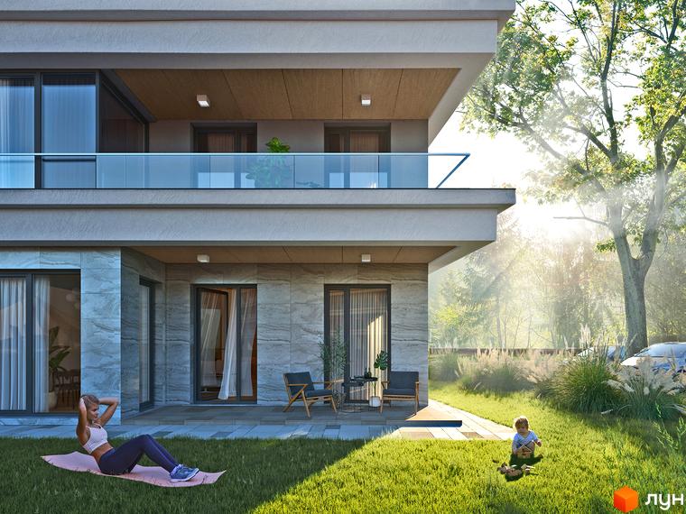 Житловий комплекс Park Lake City. Сучасний житловий будинок з балконами та великими вікнами, прибудинкова територія з зеленим газоном, дитиною та деревами.