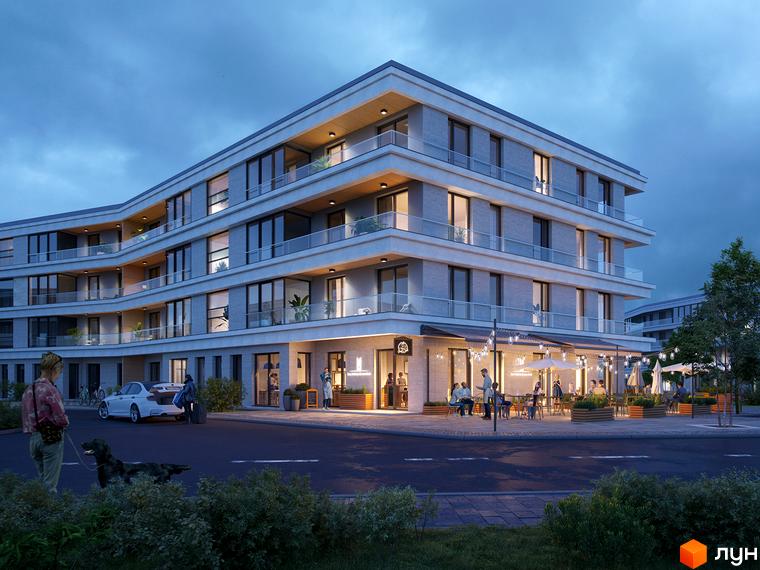 Житловий комплекс Park Lake City з фасадами з сірої плитки та скляними балконами. Навколо будинку розташована прибудинкова територія з кафе та місцями для відпочинку.