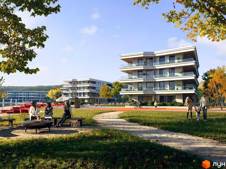 Житловий комплекс Park Lake City з сучасними фасадами та великими вікнами. На прибудинковій території розташовані зони відпочинку з лавками та вогнищем, а також дитячий майданчик.