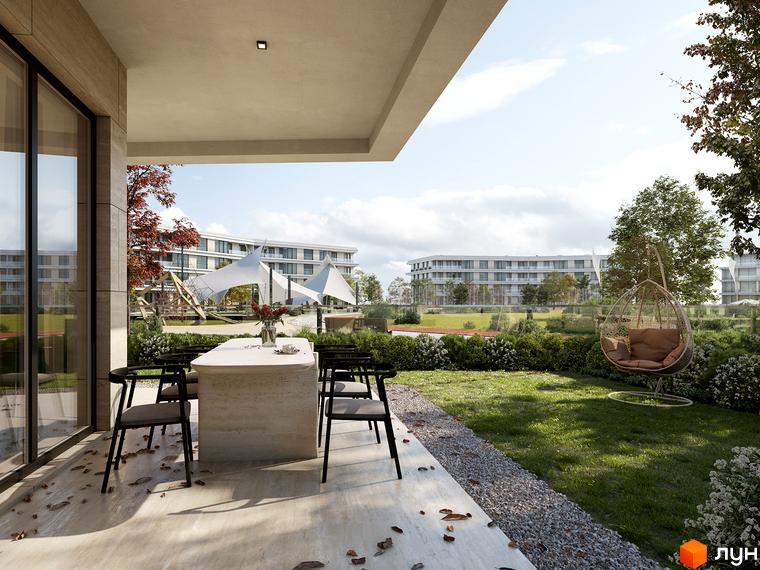 Житловий комплекс Park Lake City - сучасний житловий комплекс з просторим двориком, терасою та зоною відпочинку. Навколо зелені насадження та сучасна архітектура.