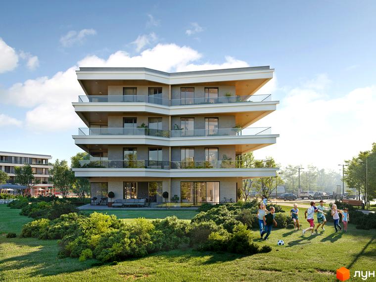 Житловий комплекс Park Lake City з балконами та зеленим подвір'ям, де граються діти. Сучасна архітектура новобудови.
