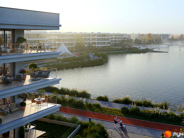 Житловий комплекс Park Lake City з балконами та видом на озеро. Набережна з пішохідними доріжками та зеленою зоною.