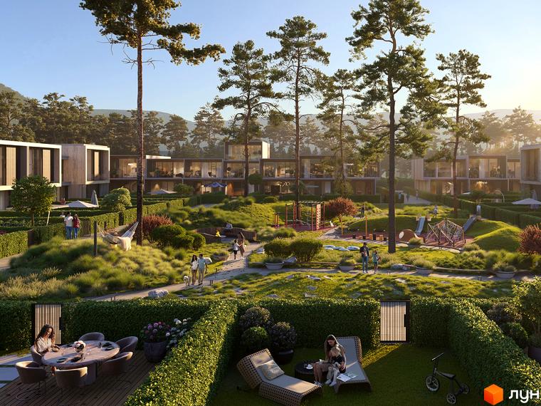 Сучасний житловий комплекс Park Lake City з таунхаусами та зеленою прибудинковою територією з дитячими майданчиками та зонами відпочинку.