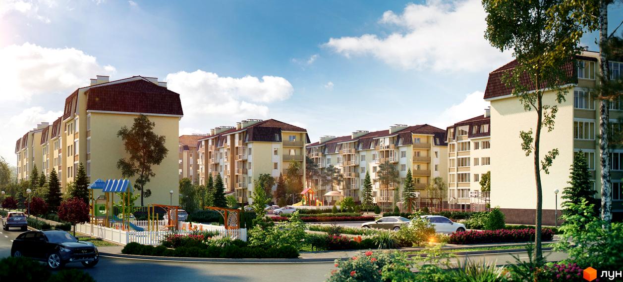 Житловий комплекс Молодіжне містечко з сучасними будинками та зеленими насадженнями на прибудинковій території.