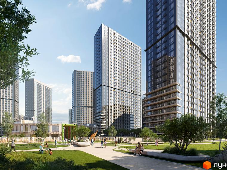 Житловий комплекс Метрополіс: високі новобудови з панорамним склінням та зелена прибудинкова територія з зонами відпочинку для мешканців.
