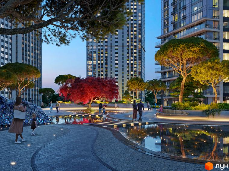 Житловий комплекс Метрополіс. Сучасні висотні будинки з панорамними вікнами та доглянутою прибудинковою територією з фонтанами та зеленими насадженнями.