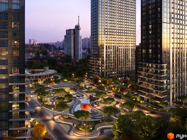 Житловий комплекс Метрополіс. Сучасні висотні будинки з панорамними вікнами та доглянутою прибудинковою територією з ландшафтним дизайном та освітленням.