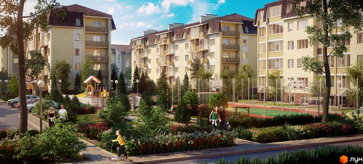 Житловий комплекс Молодіжне містечко з сучасними будинками та доглянутою прибудинковою територією з дитячим майданчиком.