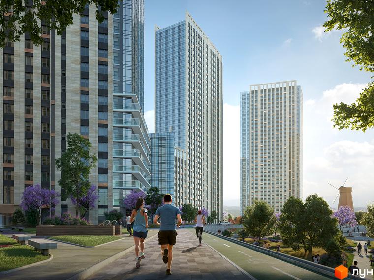 Житловий комплекс Метрополіс: висотні будинки з панорамними вікнами та балконами. Поруч зелена зона для відпочинку та бігу, з людьми, що займаються спортом.