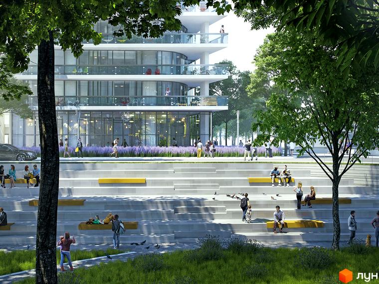 Зовнішній вигляд житлового комплексу Метрополіс з терасами та скляними фасадами. Прибудинкова територія з амфітеатром та зонами відпочинку.