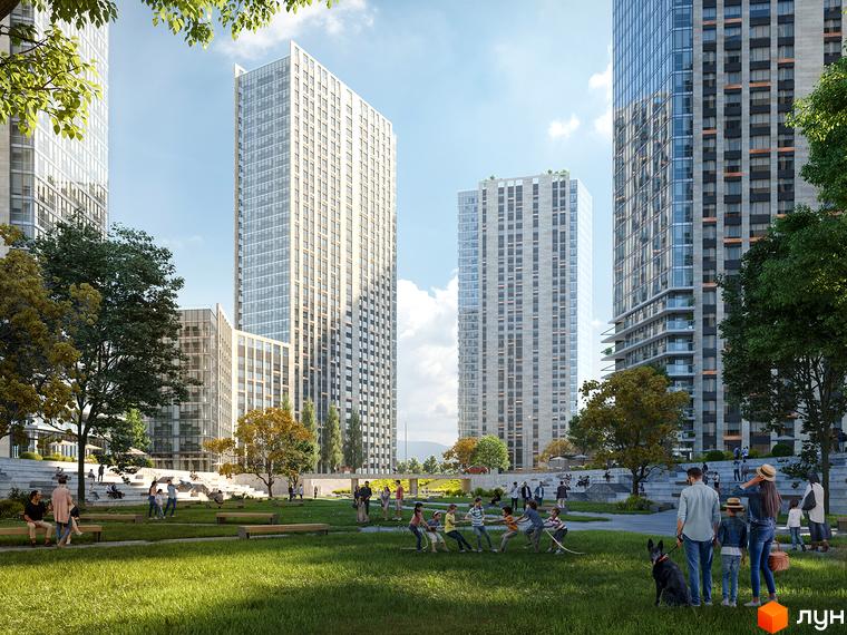 Житловий комплекс Метрополіс: висотні будинки з панорамним склінням. На прибудинковій території облаштований парк з місцями для відпочинку та дитячими майданчиками.