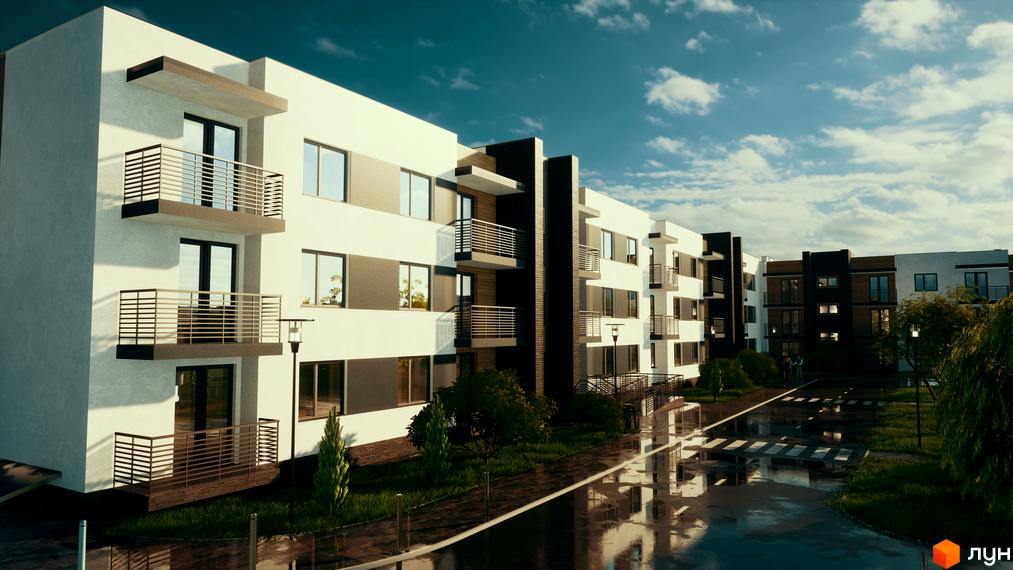 Житловий комплекс Manhattan - це сучасна новобудова з балконами та великими вікнами, розташована біля доглянутої прибудинкової території з деревами та пішохідним переходом.