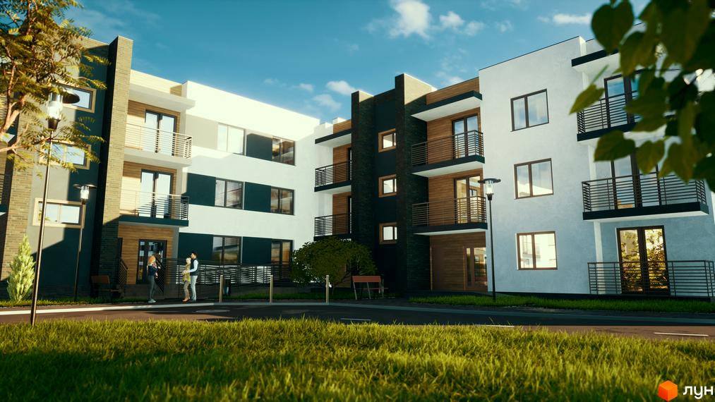 Житловий комплекс Manhattan: багатоповерхові будинки з білими, темно-сірими фасадами та балконами. Навколо зелений газон, доріжка.