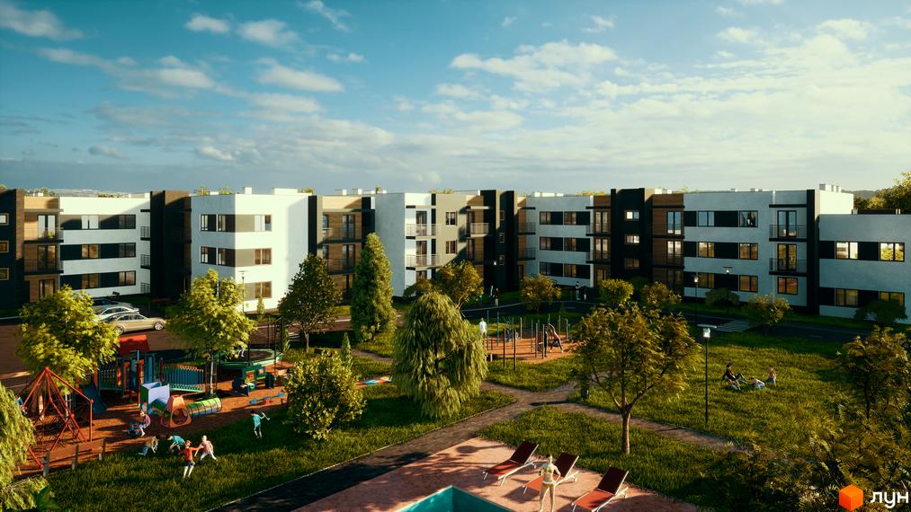 Багатоповерхові будинки Житлового комплексу Manhattan з білими та темними фасадами, балконами. На території розташовані дитячий майданчик, зелені зони з деревами та басейн.