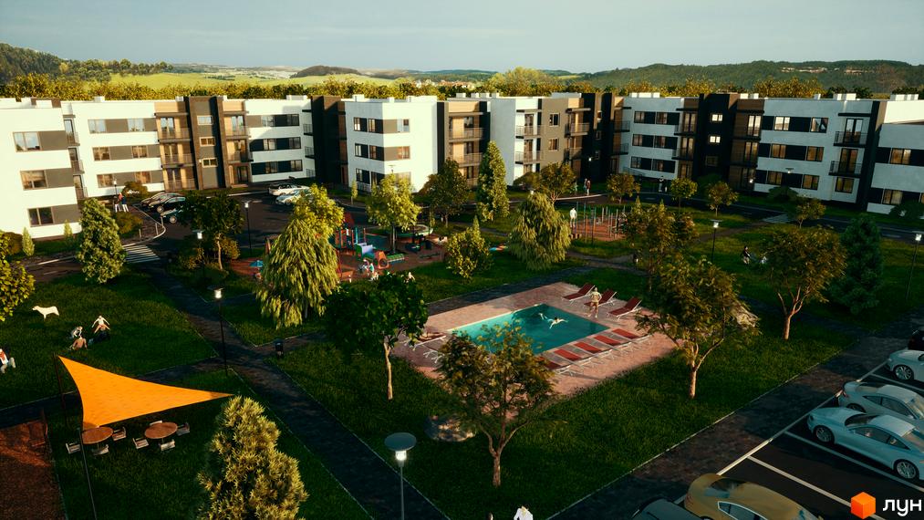 Житловий комплекс Manhattan з багатоповерховими будинками та великою прибудинковою територією, що включає басейн, дитячий майданчик та зони відпочинку.