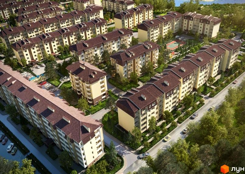 Житловий комплекс Молодіжне містечко. Багатоквартирні будинки з коричневими дахами та світлими фасадами, зелена прибудинкова територія з деревами та дорогою.