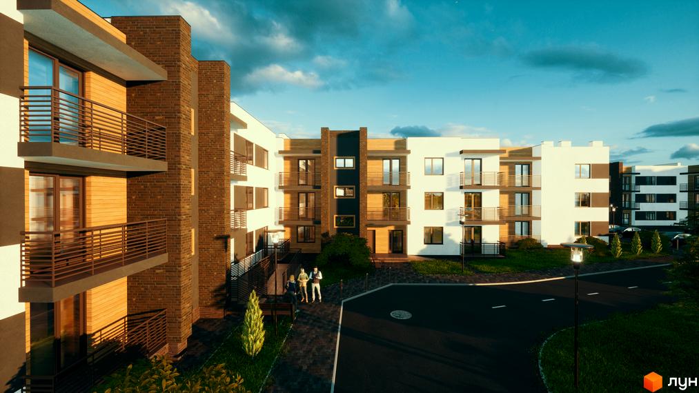 Житловий комплекс Manhattan: будинки з білими фасадами, цеглою та дерев'яними вставками, балконами. Прибудинкова територія з доріжками та зеленню.