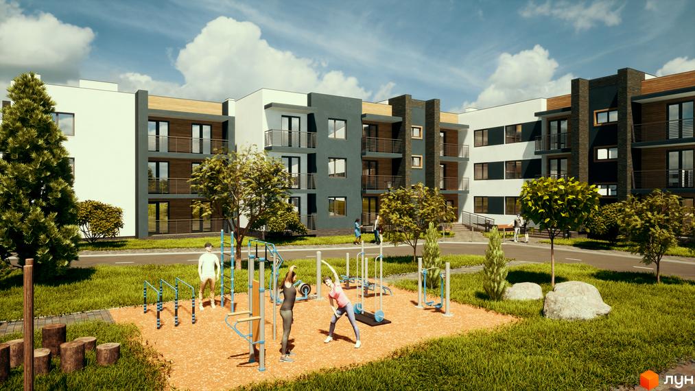 Багатоповерхові будинки Житлового комплексу Manhattan з білими та темно-сірими фасадами. На передньому плані спортивний майданчик серед дерев та зелені.
