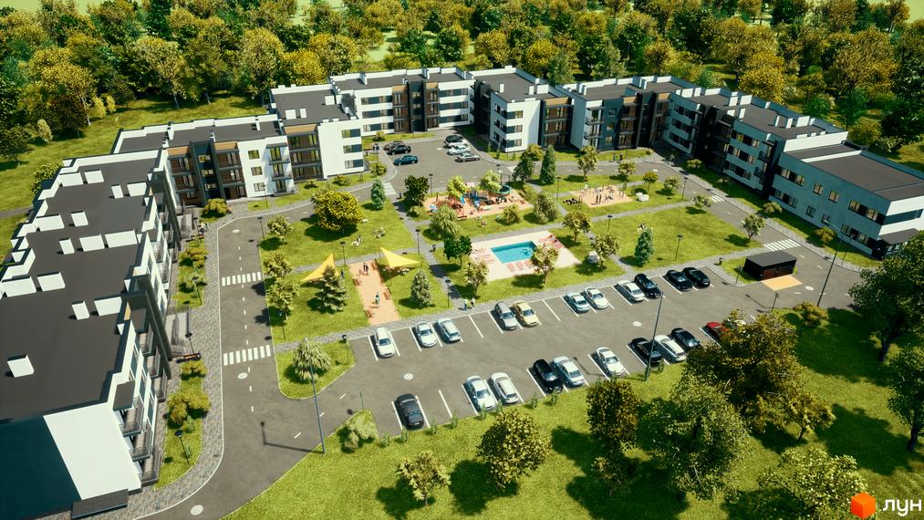 Житловий комплекс Manhattan складається з багатоповерхових будинків з білими та темними фасадами. Прибудинкова територія має зелені зони, дитячі майданчики, басейн та парковки.