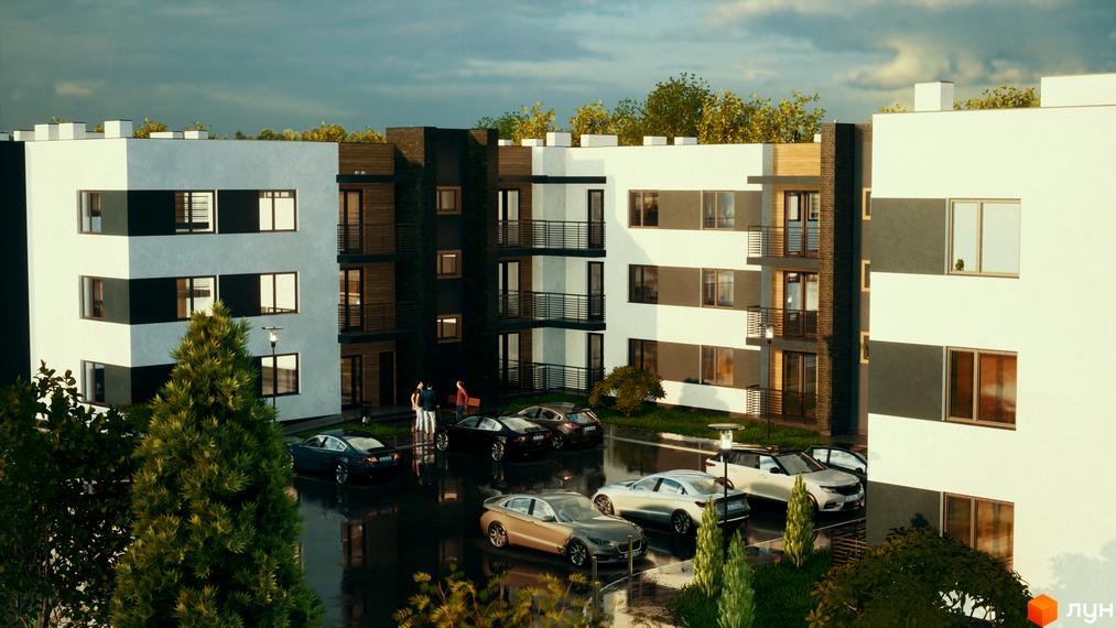 Житловий комплекс Manhattan з біло-сірими фасадами, дерев'яними елементами та балконами. Перед будинком розташований паркінг з автомобілями та зелені насадження.