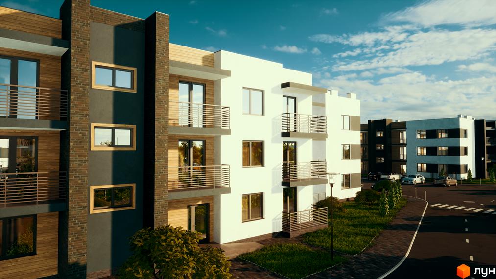 Багатоквартирні будинки Житлового комплексу Manhattan з білими, темними та дерев'яними фасадами, балконами. Поруч доріжки, газони та припарковані автомобілі.