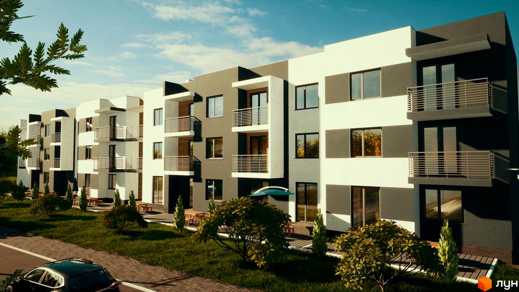 Житловий комплекс Manhattan має багатоповерхові будинки з білим та темно-сірим фасадом, балконами. Прибудинкова територія озеленена.