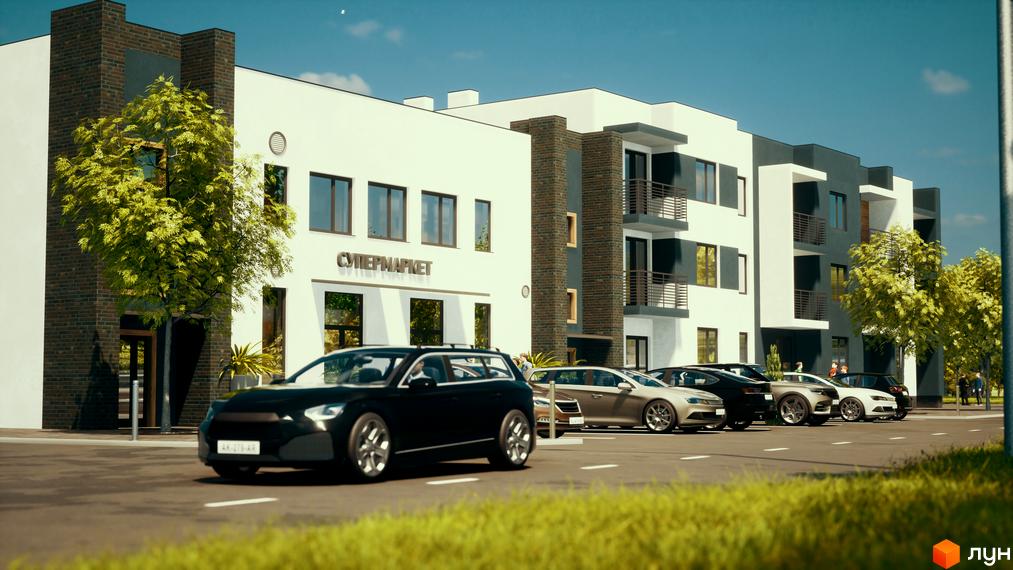 Житловий комплекс Manhattan. Фасад будівлі з цегляними та білими елементами, балконами та вікнами. Поруч розташовані припарковані автомобілі та дерева.