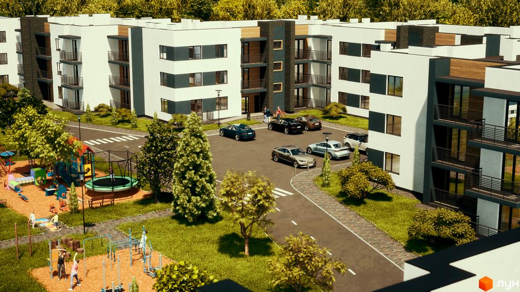 Житловий комплекс Manhattan: фасади будівель з балконами та паркуванням біля дитячого майданчика та спортивної зони.