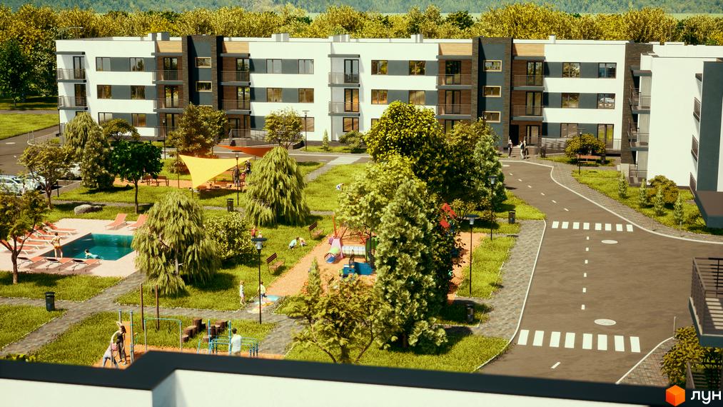 Житловий комплекс Manhattan: сучасна архітектура, зони відпочинку біля басейну та дитячий майданчик. Затишна прибудинкова територія з ландшафтним дизайном.