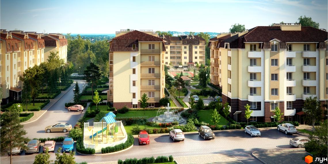 Житловий комплекс Молодіжне містечко з сучасними будинками та прибудинковою територією, оформленою зеленими насадженнями.