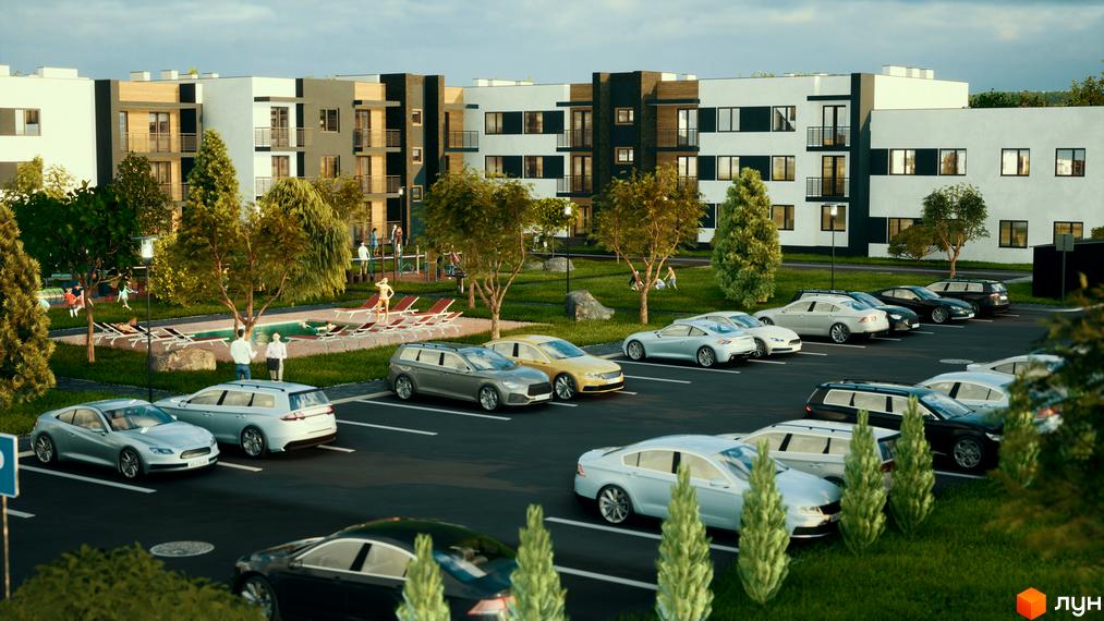 Житловий комплекс Manhattan: фасади будівель з чорними та білими елементами, паркінг з автомобілями, зона відпочинку з басейном та дитячим майданчиком.