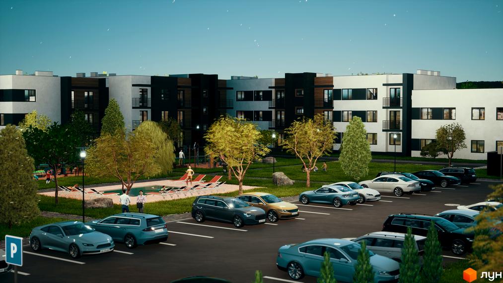 Житловий комплекс Manhattan: багатоповерхові будинки з білими та темними фасадами. Прибудинкова територія має паркінг, зелені насадження та басейн.