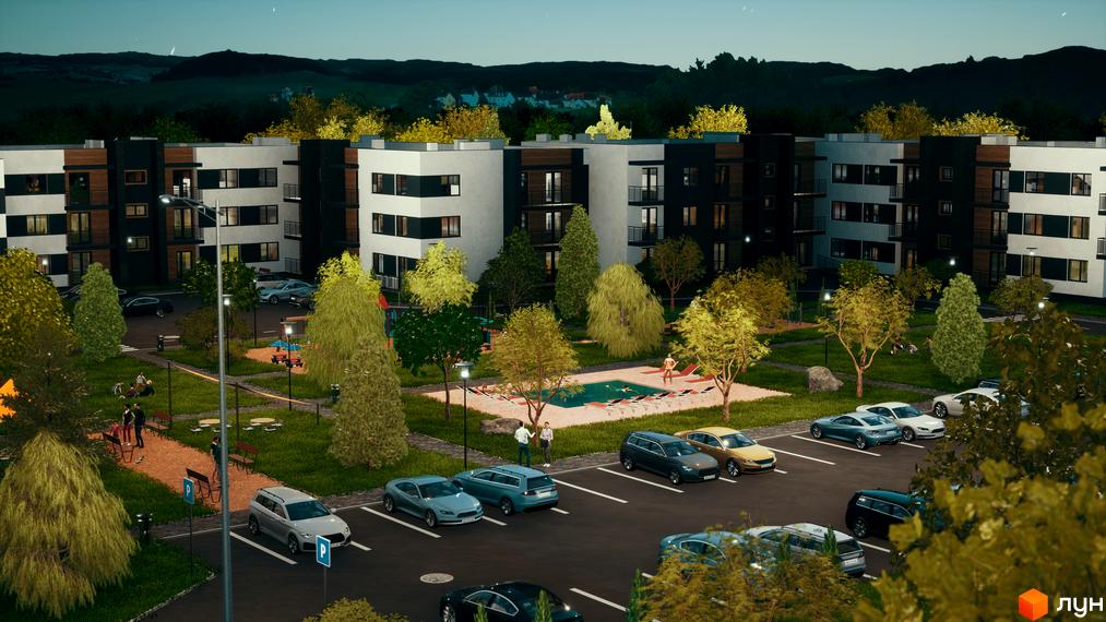 Будинки Житлового комплексу Manhattan з білими та темними фасадами. Прибудинкова територія з зеленими насадженнями, басейном та парковкою.