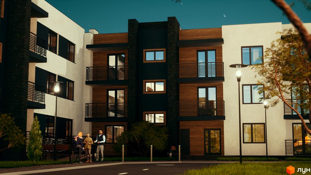 Житловий комплекс Manhattan: фасад будинку з білими та дерев'яними елементами, темними балконами. Прибудинкова територія з освітленням та зеленню.