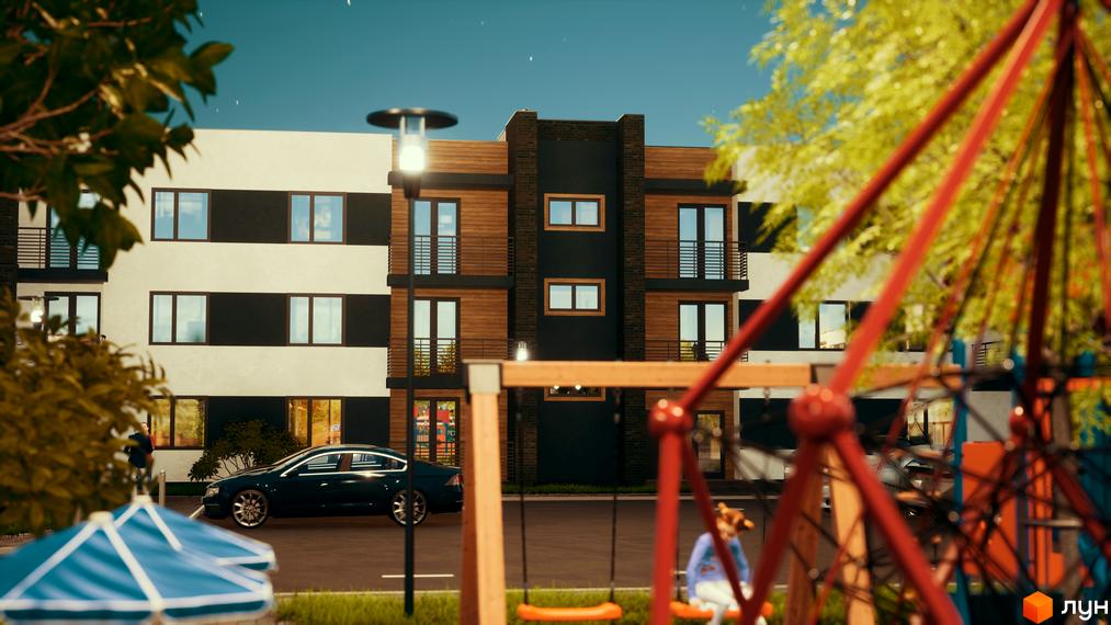 Житловий комплекс Manhattan: будинок з біло-чорним фасадом та дерев'яними вставками. Поруч дитячий майданчик та припаркований автомобіль.