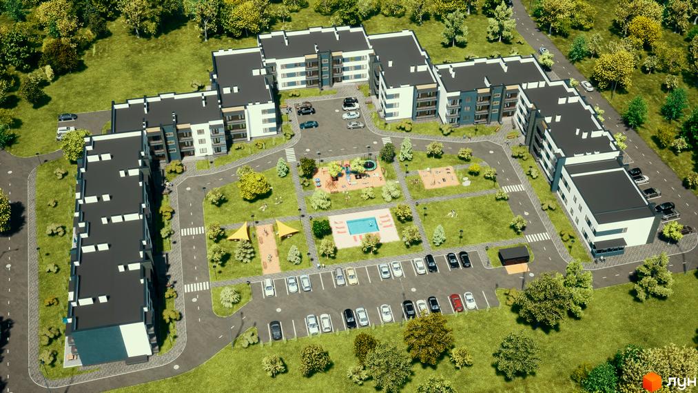 Житловий комплекс Manhattan з багатоповерховими будинками білого та темно-сірого кольорів. Територія має дитячі майданчики, басейн та парковки.