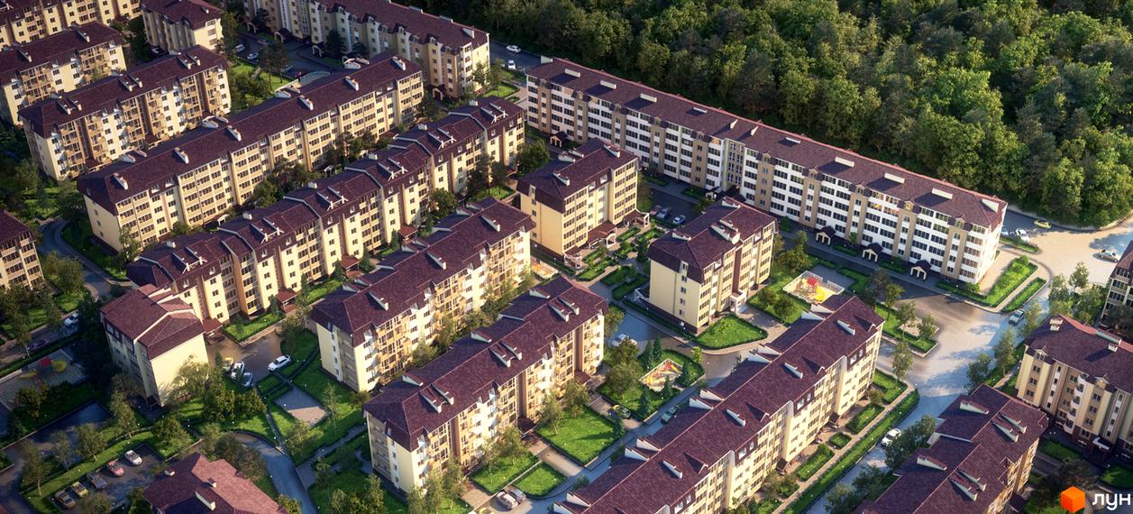 Житловий комплекс Молодіжне містечко з сучасними будинками та зеленими прибудинковими територіями.
