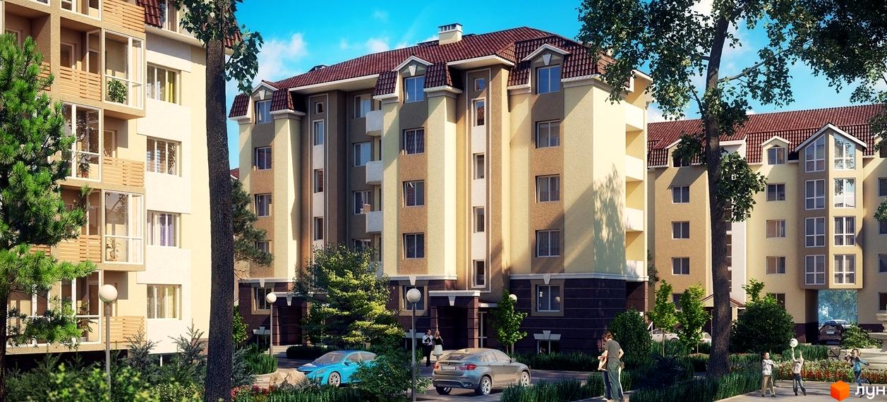 Зовнішній вигляд багатоповерхових будинків ЖК Молодіжне містечко з червоними дахами та світлими фасадами. Прибудинкова територія з деревами, кущами та автомобілями.