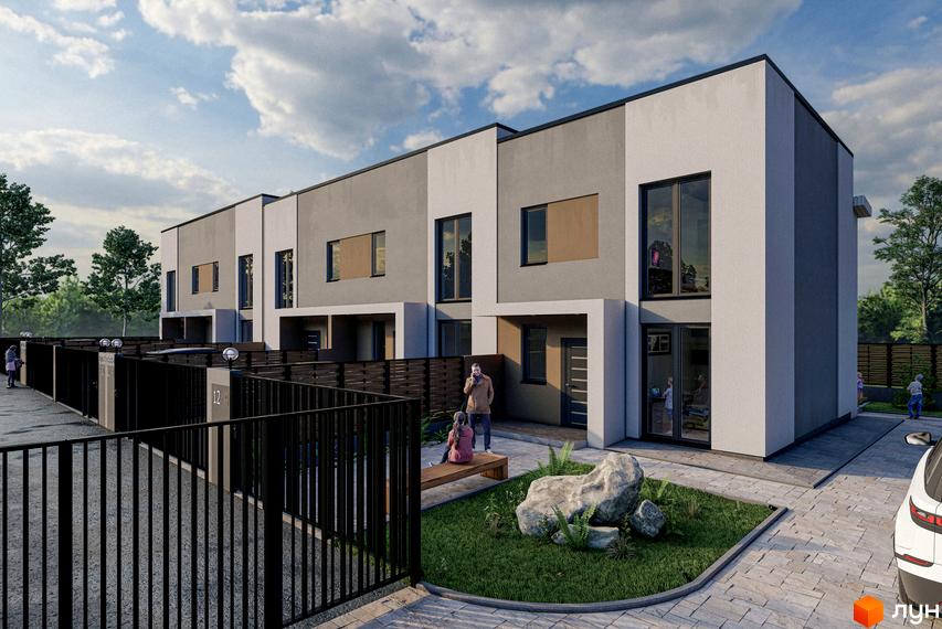 Зображення фасаду таунхаусів BRICKWOOD HOUSE з великими вікнами та лаконічним дизайном. На прибудинковій території розташована зона відпочинку з газоном та декоративним камінням.