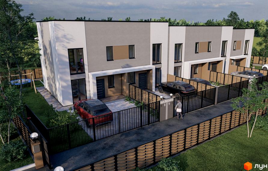 Зображення фасаду таунхаусів BRICKWOOD HOUSE з парковкою та огородженою територією. На передньому плані - зелена зона з деревами.