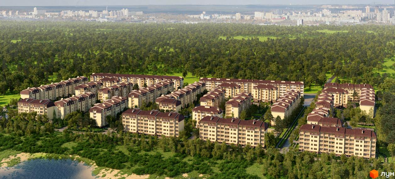 Житловий комплекс Молодіжне містечко. Багатоквартирні будинки світло-бежевого кольору з коричневими дахами розташовані серед зелених дерев. На задньому плані видно місто.