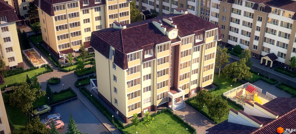 Житловий комплекс Молодіжне містечко: багатоповерхові будинки з жовтими фасадами та коричневими дахами, дитячий майданчик та зелені насадження. Зовнішній вигляд будівель та прибудинкової території.