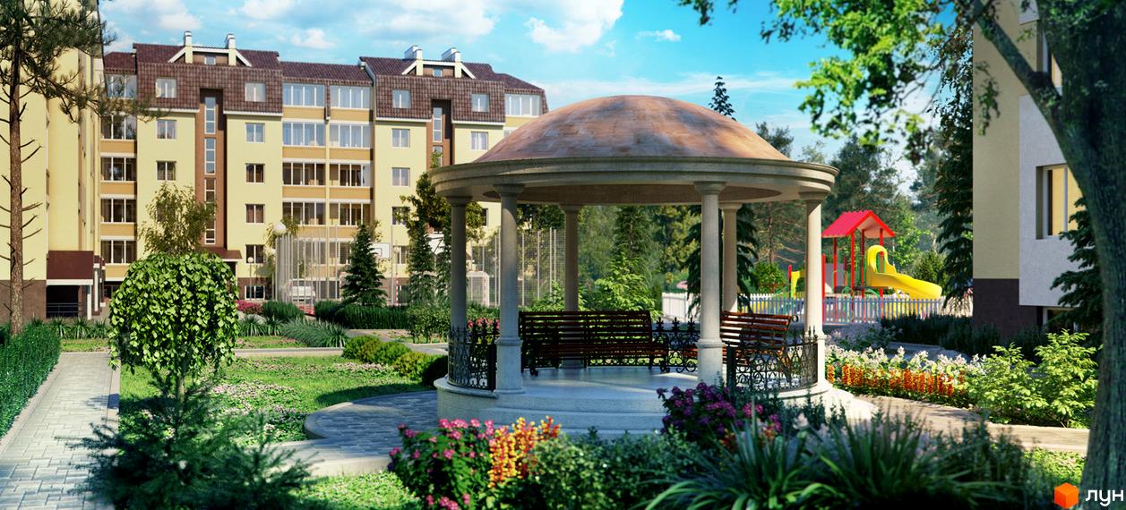 Житловий комплекс Молодіжне містечко: жовта багатоповерхівка з коричневим дахом та альтанкою з лавками на прибудинковій території. Поруч дитячий майданчик та зелені насадження.