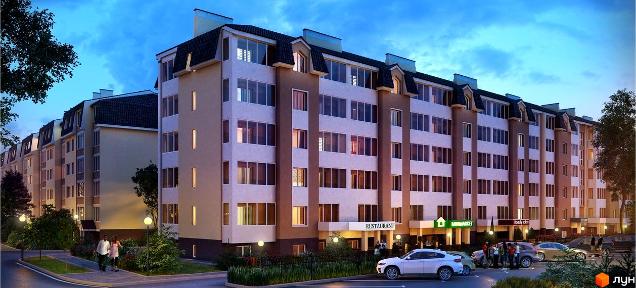 Зовнішній вигляд житлового комплексу Молодіжне містечко з фасадом у світлих тонах та мансардними вікнами. Прибудинкова територія з освітленням та зеленими насадженнями.