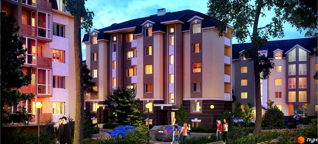 Зовнішній вигляд житлового комплексу Молодіжне містечко з фасадами в бежево-коричневих тонах та балконами. Прибудинкова територія з деревами, ліхтарями та людьми.