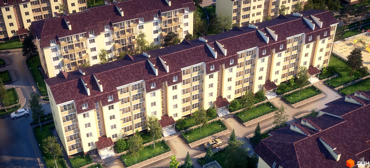 Зовнішній вигляд житлового комплексу Молодіжне містечко з багатоквартирними будинками та прибудинковою територією з зеленими насадженнями та дитячим майданчиком.