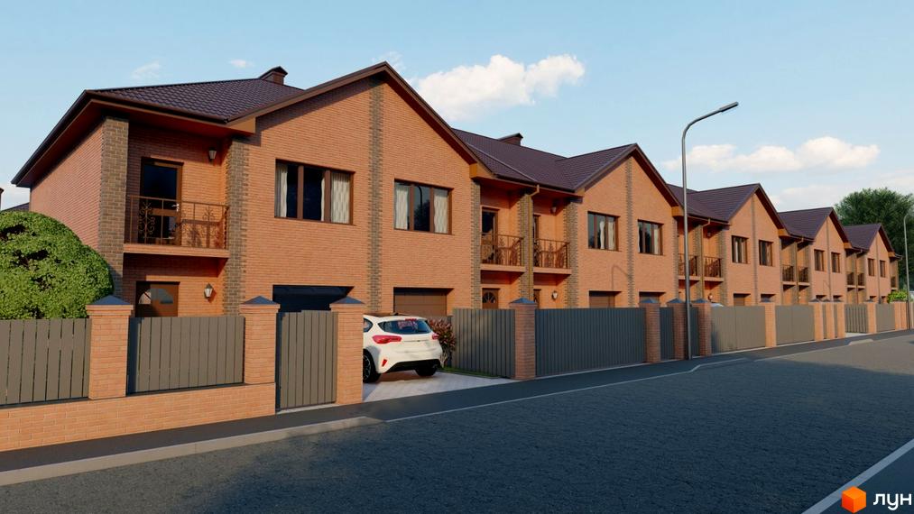 Зображення будинків Котеджного містечка Екологічне з червоної цегли з коричневим дахом та сірою огорожею вздовж вулиці.